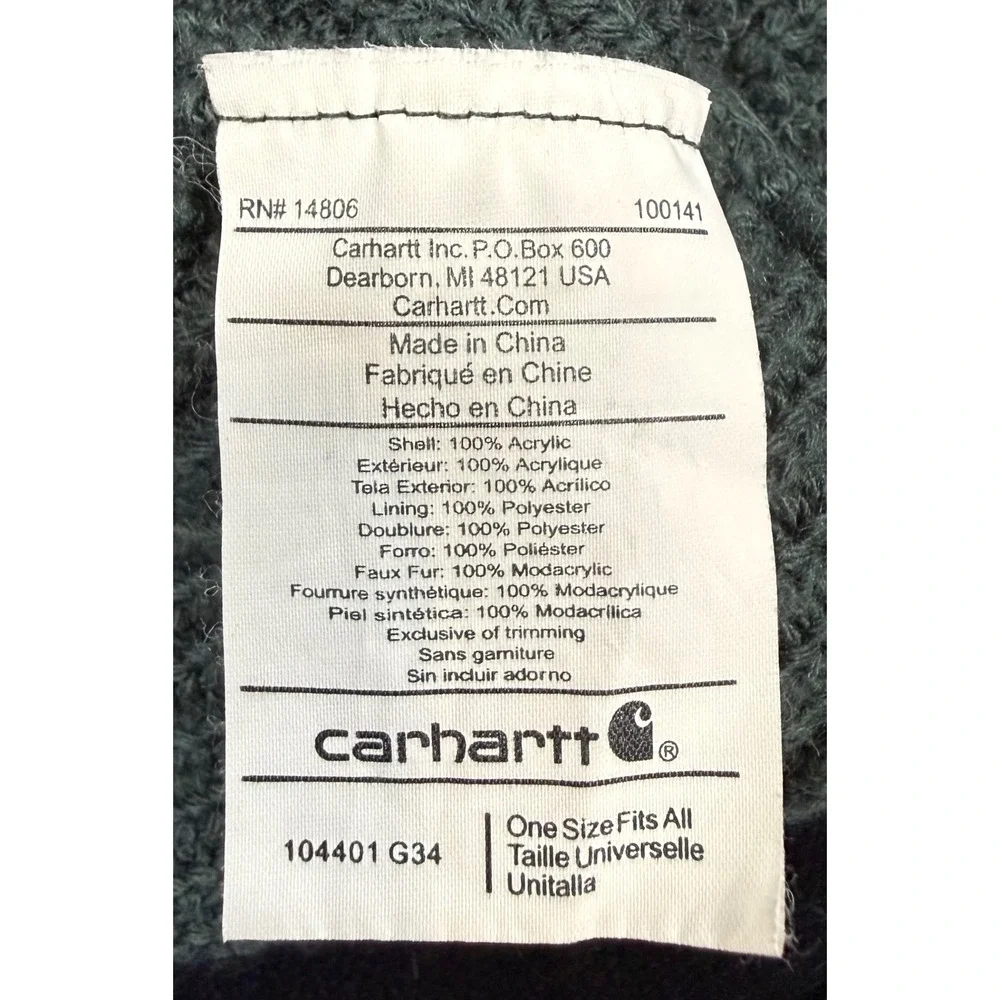 Carhartt Unisex OS Green Knit Beanie Faux Fur Pom Logo Patch Winter Hat